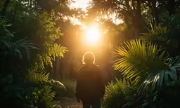 a person is walking towards the sun through some trees