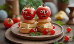 two slices of bread are placed on top of a couple tomatoes, with a smile, as they sit on the whole tomato