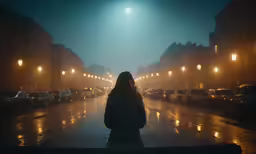a person walking on a wet street at night
