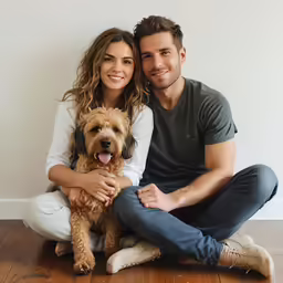 a man and woman sitting on a floor with their dog