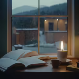 a cup and a book are set on a desk, in front of a window