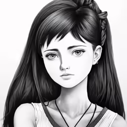 a black and white drawing of a girl with long hair