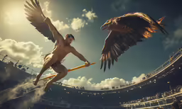 a person with a sword and an eagle in the sky