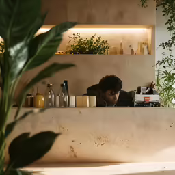 a person behind a counter with some plants