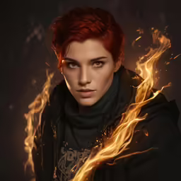 a girl in a scarf looks to the side while surrounded by fire
