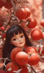a doll is seen in a tree with cherry tomatoes