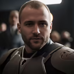 a man wearing a leather suit looks into the camera