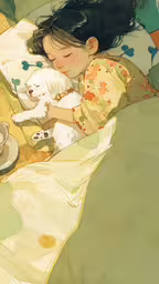 there is a little girl that is sleeping with her white dog,a woman sleeping in bed with her dog and cup