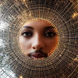 a woman looking into a mirror with many lights around her