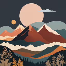 an abstract painting of mountains with sunsets over the mountains,an image of some mountains and a full moon