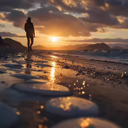 person walking on beach near body of water at sunset