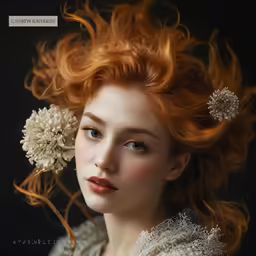 a woman with red hair holding flowers in her hands