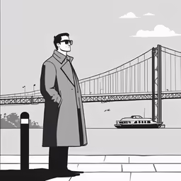 an illustrated image of a man in a suit and glasses overlooking the bridge