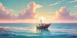 the boat is out in the ocean on a cloudy day,there is a painting of a boat sailing on the water