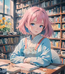 an anime character leaning on a table near a book shelf