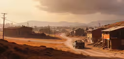 an old fashioned car drives along a dirt road with mountains in the distance,a car driving down a dirt road next to buildings
