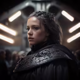 a woman with long hair and a leather armor