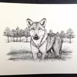 a drawing of a dog stands in a field