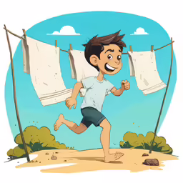 a boy runs past towels hung on the clothesline