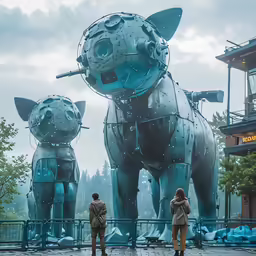 there is a sculpture of a dog with two people