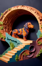 there is a toy horse in an arch of a building