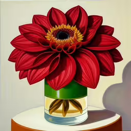 an oil painting of a large red flower in a vase,a painting of a flower sitting on top of a table