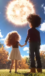 a young boy and girl hold hands while standing on grass