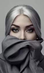 a woman wearing a gray sweater covers her face