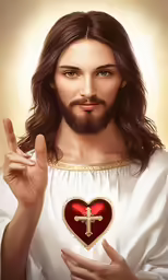 jesus with a heart - shaped cross and crown above his head