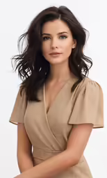 a young woman with long hair in a beige dress