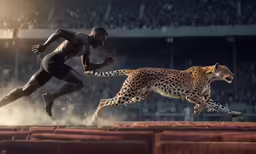 a man running on the track as a cheetah runs past him