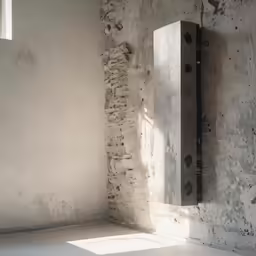 the corner of a room with a large brick wall