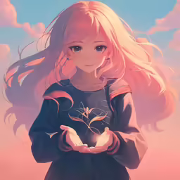 a girl with long blonde hair holding her hands together