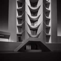 a black and white photo shows a building with circular balconies