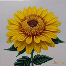 the yellow flower has a dark center,a painting of a yellow flower that is on white paper