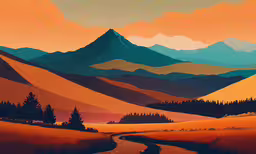 a painting of a mountain landscape with a path going through it,the painting depicts a sunset over a mountain