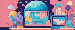 colorful and unusual illustrations on the subject of an old computer,a computer and monitor are displayed in front of a pink background