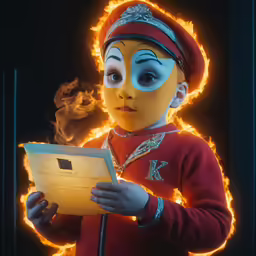 a child with face paint holds a book