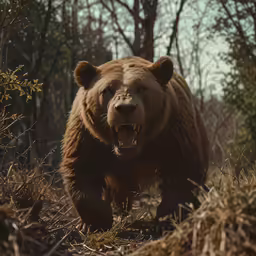 a bear is roaring as it walks through the brush