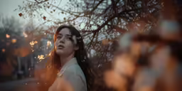 a woman looking off into the distance near some trees
