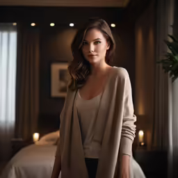 a girl with shoulder length hair and an open jacket stands in a dimly lit room