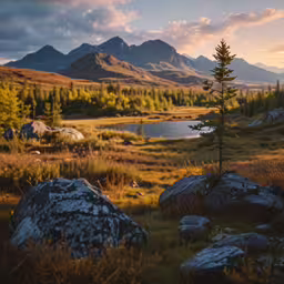 an evergreen tree is growing among the rocks in a meadow
