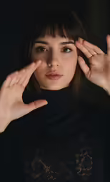 a woman with short dark hair has her hands above the head