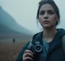 woman with camera staring into distance in a foggy field