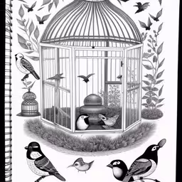 birds in a cage with trees and flowers around,a drawing with birds in a cage and a tree with a bird on it