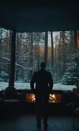 a man standing in front of a fire
