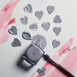 the top of a gray nail polish brush with hearts painted on it