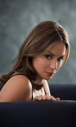a woman leaning against the back of a couch