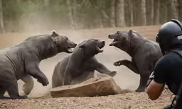 some very large bears fighting in the dirt