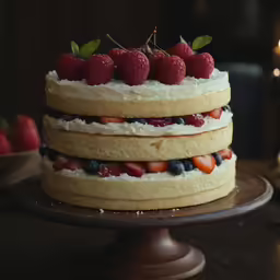 a three tier cake with berries and icing on a brown plate